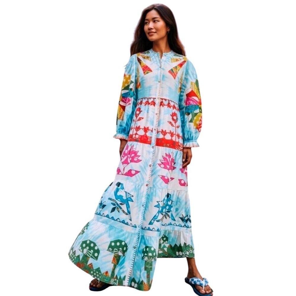 Farm Rio Tie Dye Rainbow Patchwork Maxi Dress S Blue Multi NEW 297352